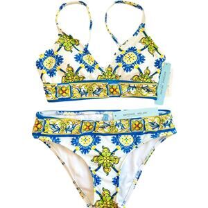 ANTONIO MELANI NWT Blue Tile Italian-Print Floral 2 Piece Bikini Swim SET – XS